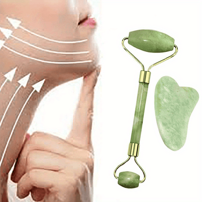 2 - Piece Natural Stone Piece Roller & Gua Sha - Jade Glow Facial Set
