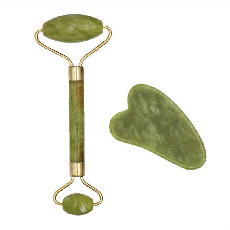 2 - Piece Natural Stone Piece Roller & Gua Sha - Jade Glow Facial Set
