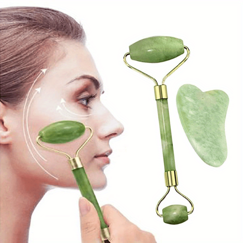 2 - Piece Natural Stone Piece Roller & Gua Sha - Jade Glow Facial Set