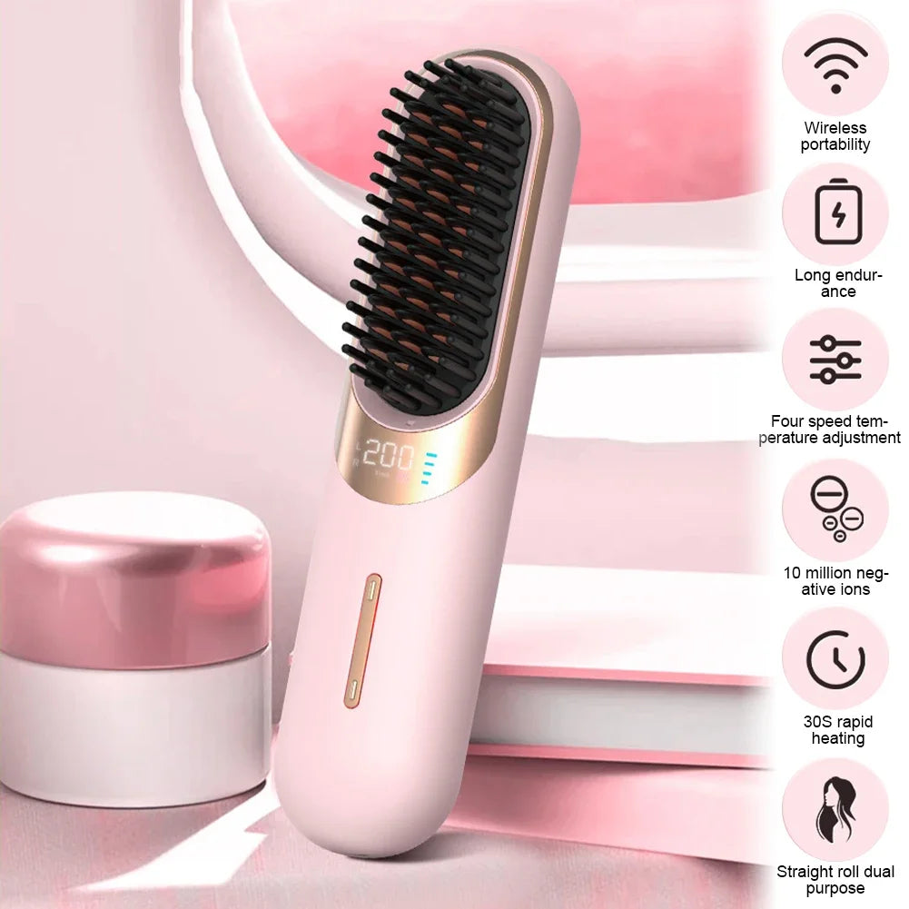 LED Electric Hair Brush – Cordless Hair Straightener with Negative Ions