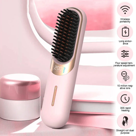 LED Electric Hair Brush – Cordless Hair Straightener with Negative Ions
