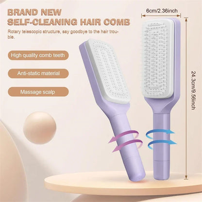 Self-Cleaning Rotating Hair Comb – Anti-Static and Retractable Hairbrush